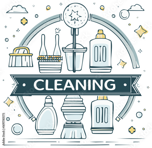 Illustration of assorted cleaning supplies like brushes and bottles with cleaning ribbon, depicting household chores
