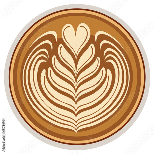 Elegant latte art in a coffee cup featuring a beautiful heart and feathered rosetta pattern, perfect morning beverage