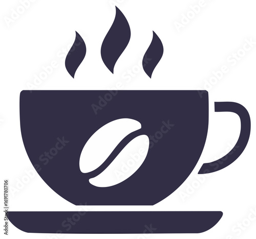 Steaming Coffee Cup with Coffee Bean Icon and Saucer Simple Illustration