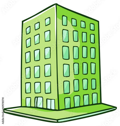 Green multi story building cartoon illustration, simple comic style tall architecture design element