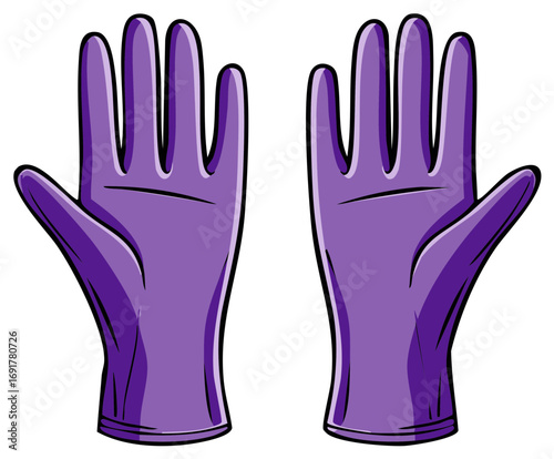 Pair of purple rubber gloves, illustration. For cleaning, medical care, and protection.