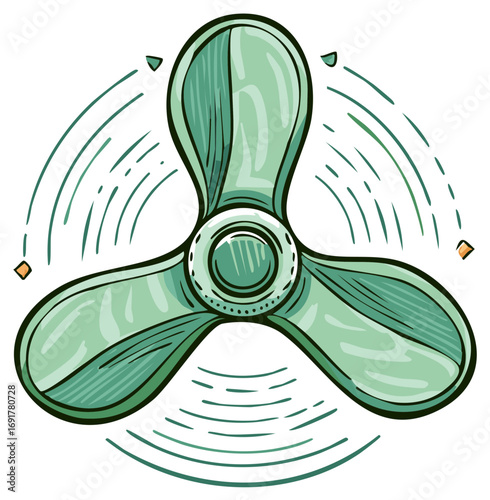 Hand drawn cartoon illustration of a green three blade fidget spinner toy in motion