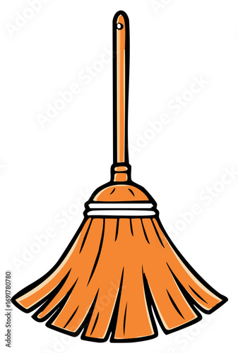 Illustration of Orange Broom with Wooden Handle for Cleaning or Sweeping
