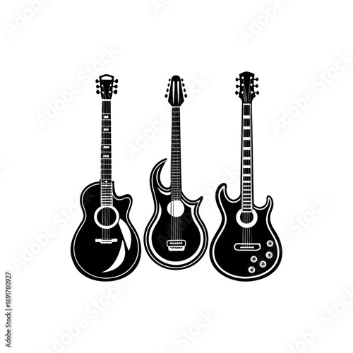 Three differently shaped and designed guitars displayed in a black and white image