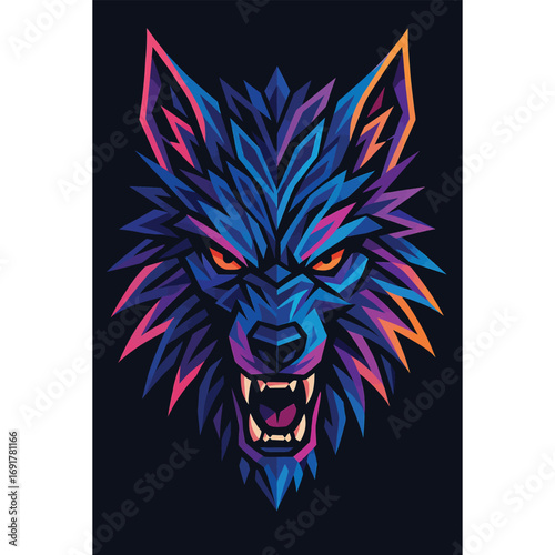 Abstract vector werewolf portrait with geometric fur patterns, neon colors, sharp angles
