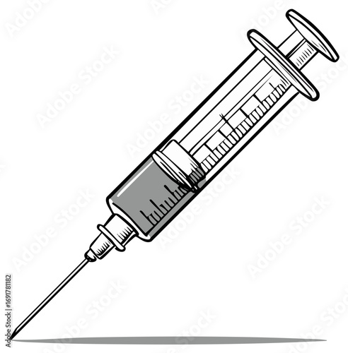 Medical syringe filled with liquid for injection or vaccination healthcare concept
