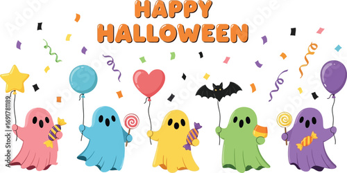 Colorful ghosts holding balloons and candies celebrating happy halloween, creating a festive and joyful atmosphere