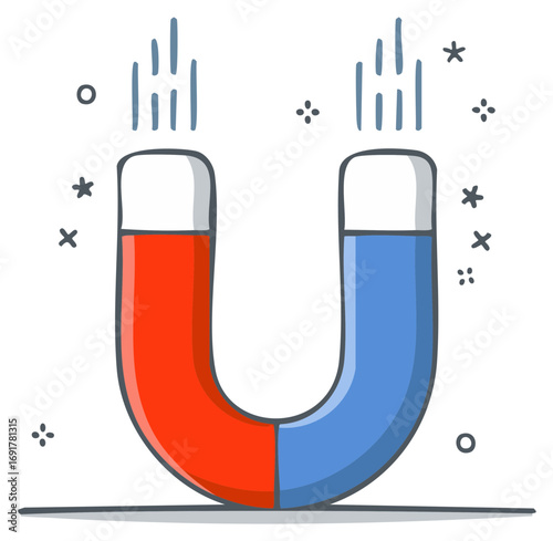 Red and blue horseshoe magnet doodle showing magnetic field and attraction