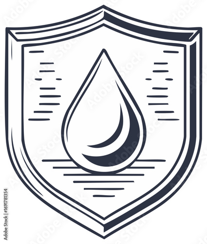 Hand drawn shield symbol with a water drop inside representing liquid protection and security vintage style illustration