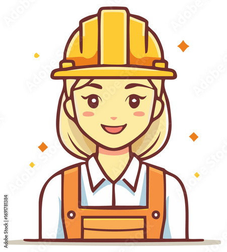 Female Construction Worker Cartoon Character Portrait Wearing Hard Hat and Overalls