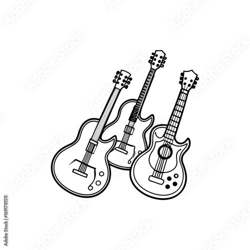 Line art illustration of three guitars in black and white on white