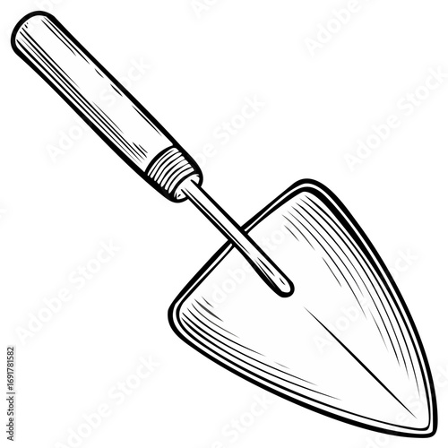 Garden Trowel Hand Drawn Illustration Black and White Gardening Tool