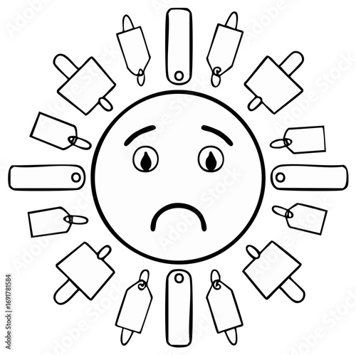 Outlined sad emoji face encircled with various shapes of hanging price tags portraying a negative financial state