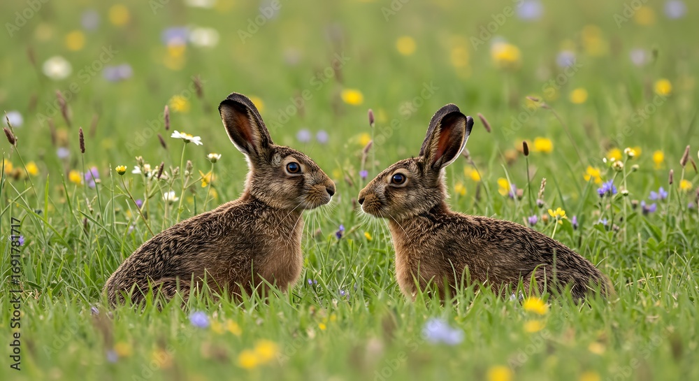 Obraz premium Two hares in a meadow