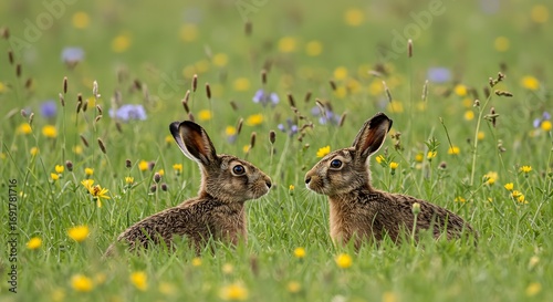Two hares in grassy meadow