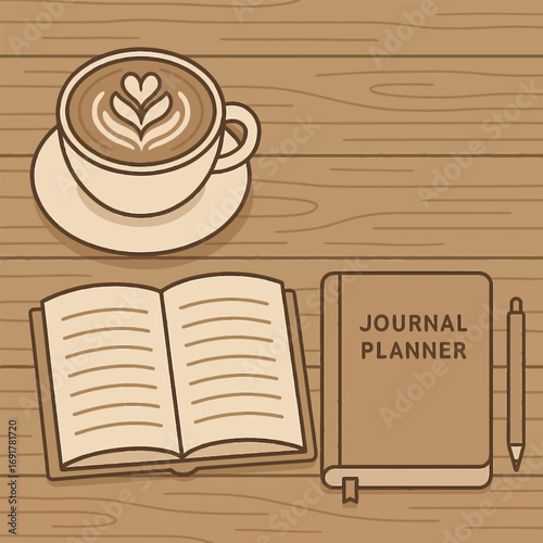 Coffee latte with book and journal planner on wooden table