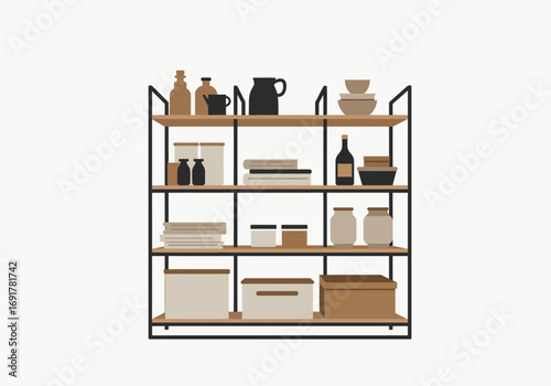 Organized Kitchen Pantry Shelves with Food Items.