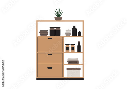 Organized Wooden Storage Unit with Drawers and Shelves.