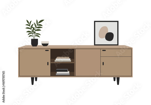 Mid Century Modern Sideboard with Plants and Artwork.