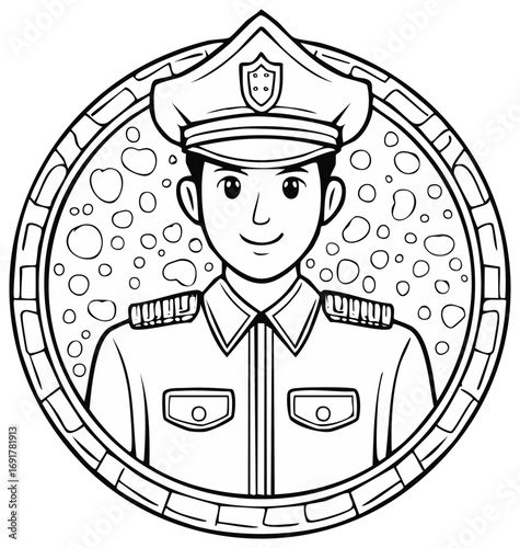 Outline drawing of a friendly male officer in uniform with a peaked cap and epaulets within a circular border