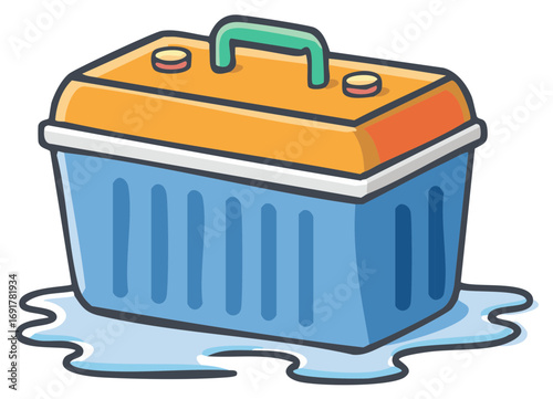 Cute blue and orange cartoon cooler box leaking water for summer outdoor activities
