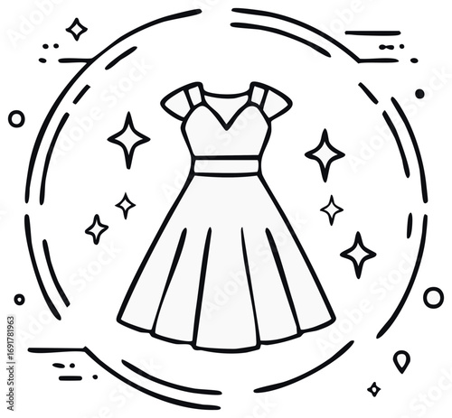 Elegant dress surrounded by decorative elements, line art illustration.