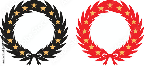 Two wreaths one black and gold and one red with stars and bows