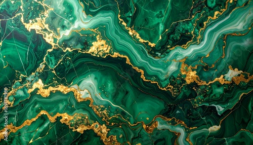 Emerald green and gold liquid marble abstract background with flowing veins and luxurious texture.