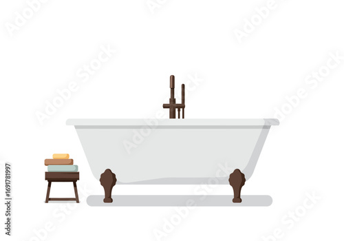 Elegant White Freestanding Bathtub with Wooden Legs.