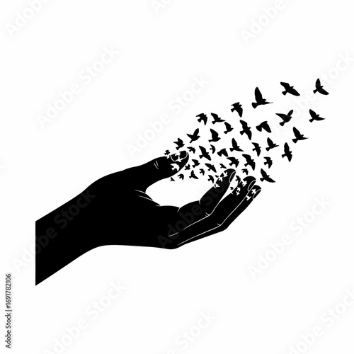 Conceptual illustration of birds flying from an open hand, a powerful symbol of freedom, liberation, and transformation