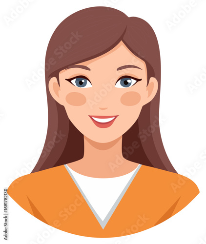 Illustration of a young woman with brown hair, smiling, in orange shirt and white collar, cartoon portrait vector design graphic