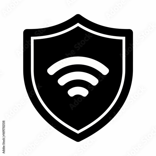Black shield icon with a wireless signal symbol representing online security, data privacy, and a protected internet connection