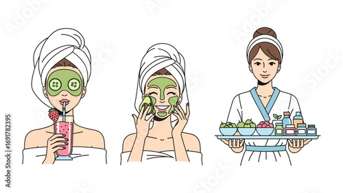 Two professional beauticians in uniform applying facial treatment to a relaxed woman lying on a spa bed with beauty products
