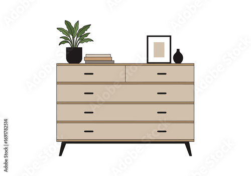 Beige Wooden Dresser with Home Decor Accents.