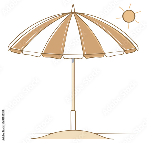 Striped beach umbrella providing shade on sand with sun illustration