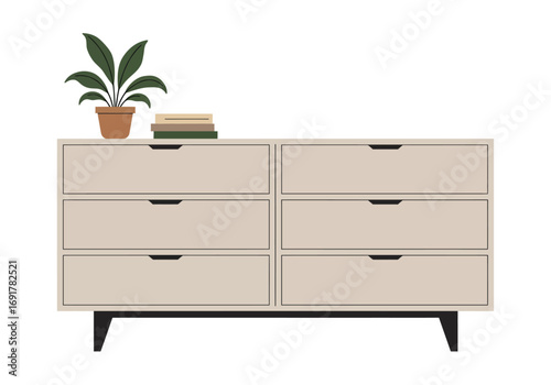 Beige Six Drawer Dresser with Potted Plant and Books.