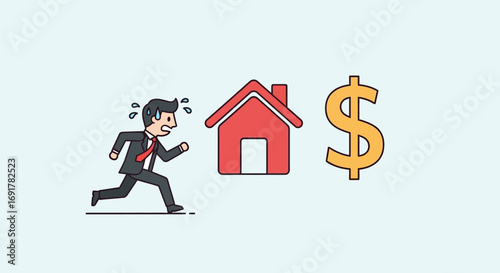 Businessman Running Away From House and Dollar Symbol