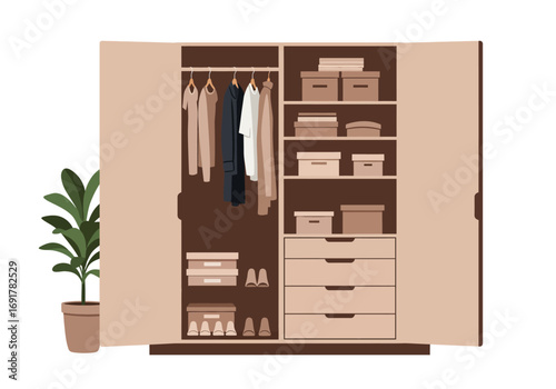 Organized and Tidy Modern Wardrobe Closet Interior.