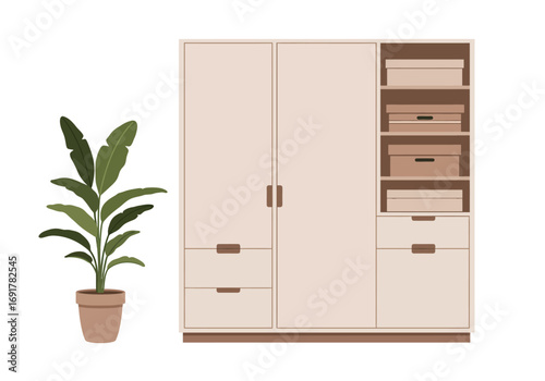Organized Beige Wardrobe with Potted Plant.