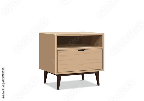 Modern Beige Nightstand with One Drawer and Open Shelf.