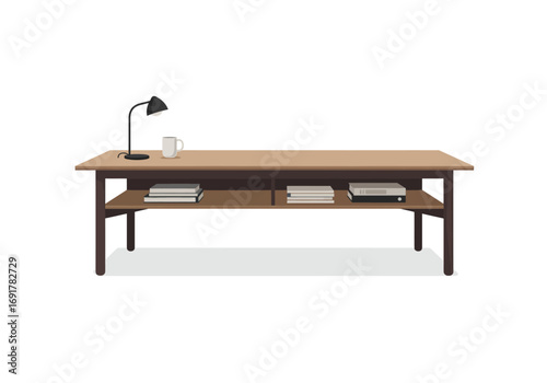 Long Wooden Table with Lamp and Books in Office.