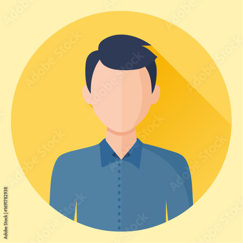 Flat design male avatar icon. Vector illustration of a man's head and shoulders in a blue shirt within a yellow circle. Ideal for user profiles, web and app interfaces