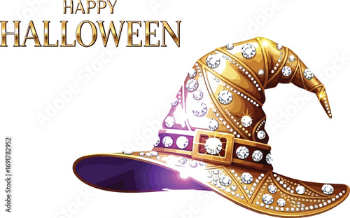 A golden witch hat adorned with sparkling gems, sets a festive tone for a happy halloween celebration