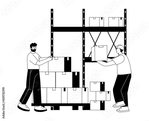 A sketchy style illustration depicting a person arranging cartons 

