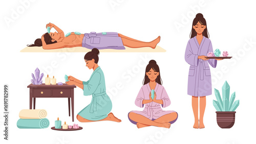 Skilled beautician applying a golden facial mask to a relaxed client lying on a spa bed while another assistant holds a tray of beauty products