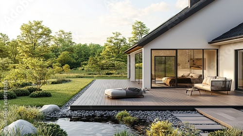 A modern house with a deck overlooking a garden scene