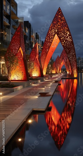 Urban waterfront walkway with fiery, lattice-arch sculptures reflecting in water