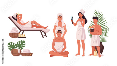 Young woman applying facial cream in a spa robe with a towel on her head while another woman brings a tray of beauty products