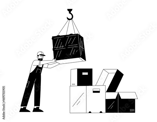 A hand drawn illustration showing package handling character 

