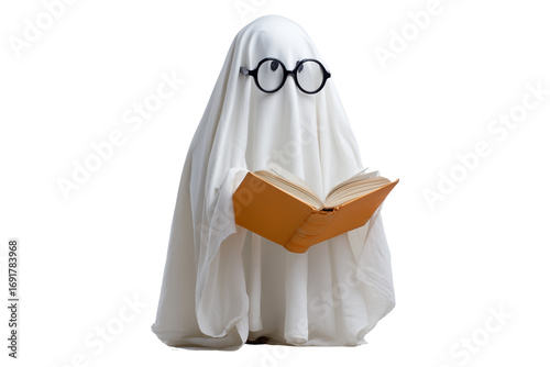 A Halloween ghost wearing round glasses and reading a book, isolated on a transparent background.